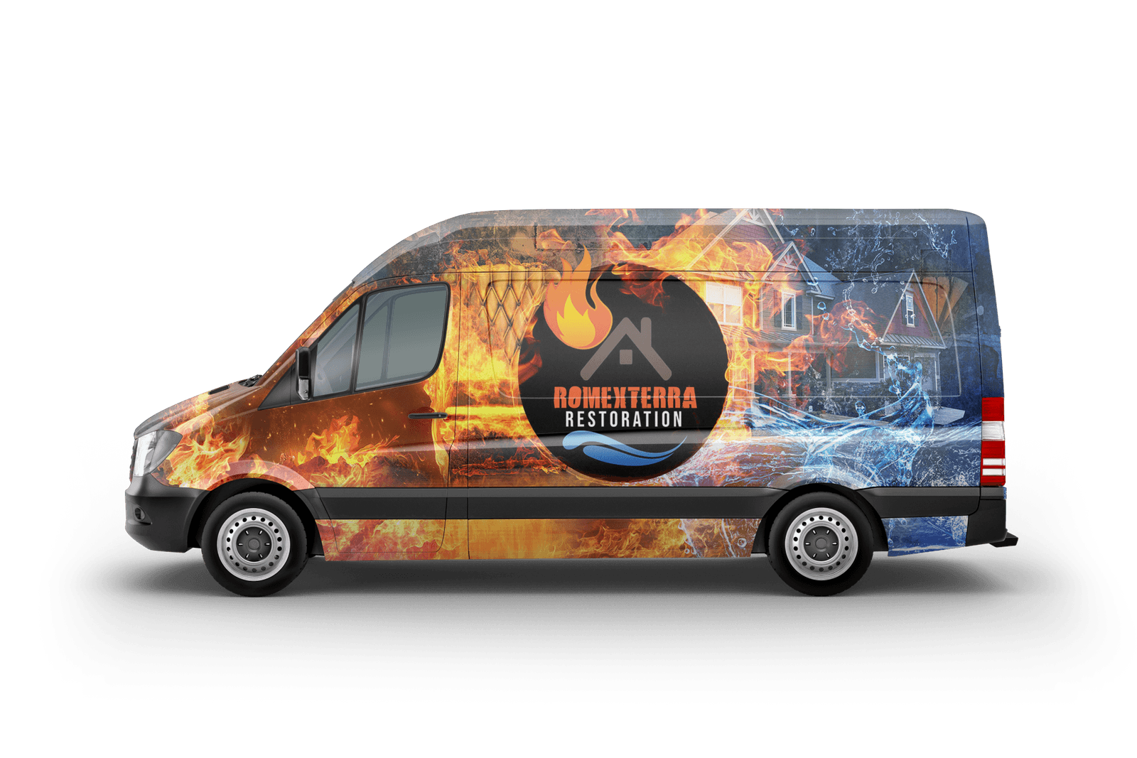 A van with a fire and water graphic on it.