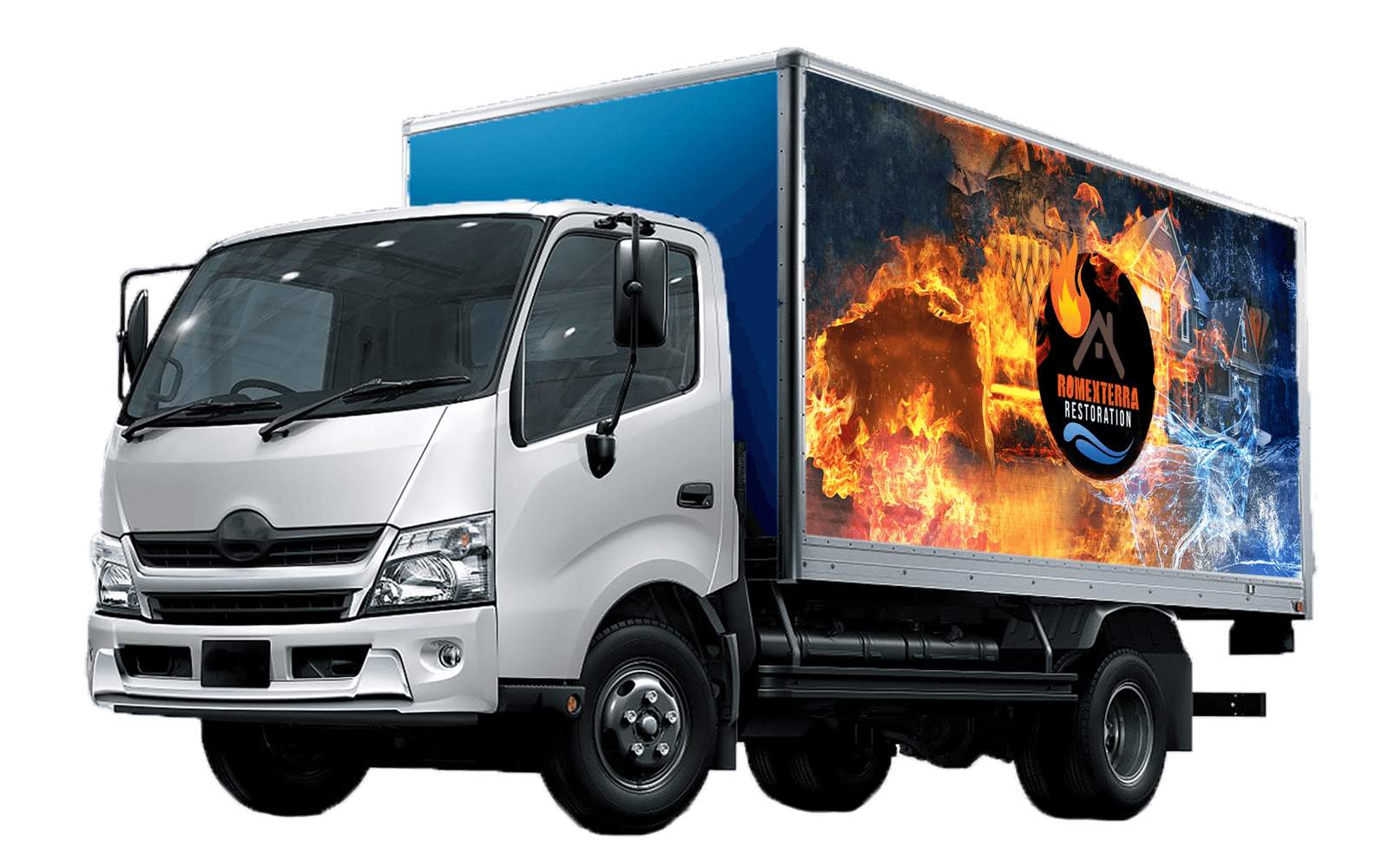 A white truck with a blue box on the side is on a white background.